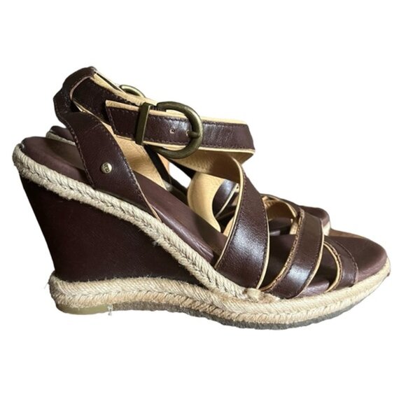 UGG Isabella Wedge Sandals Size 6 Brown Leather Strappy - Picture 1 of 14